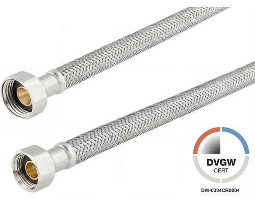 Verbindungsschlauch veporit 1/2" IG x 3/8" IG x 500 mm DVGW geprüft Flexibler Anschlussschlauch aus Edelstahlgeflecht und DVGW Logo.