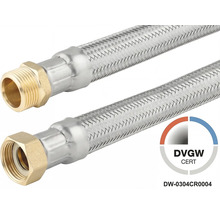 Flexibler Panzerschlauch aus Edelstahl mit Messing-Anschlüssen, Außengewinde und Überwurfmutter, DVGW zertifiziert.