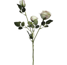 Künstlicher Rosenzweig mit drei cremefarbenen Blüten und grünen Blättern.