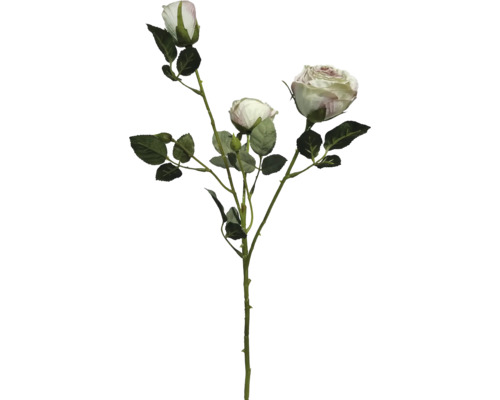 Künstlicher Rosenzweig mit drei cremefarbenen Blüten und grünen Blättern.