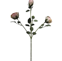Künstlicher Rosenzweig mit drei Knospen und grünen Blättern.