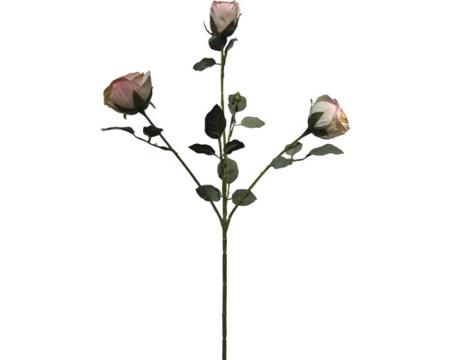 Künstlicher Rosenzweig mit drei Knospen und grünen Blättern.