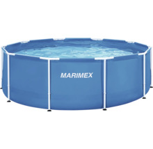 Runder Marimex Rahmenpool mit weißem Metallgestell und blauer Poolfolie, gefüllt mit Wasser.