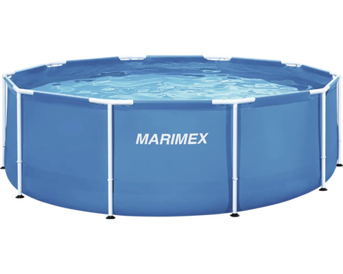 Aufstellpool Framepool Marimex Florida rund Ø 366x99 cm ohne Zubehör blau Runder Marimex Rahmenpool mit weißem Metallgestell und blauer Poolfolie, gefüllt mit Wasser.