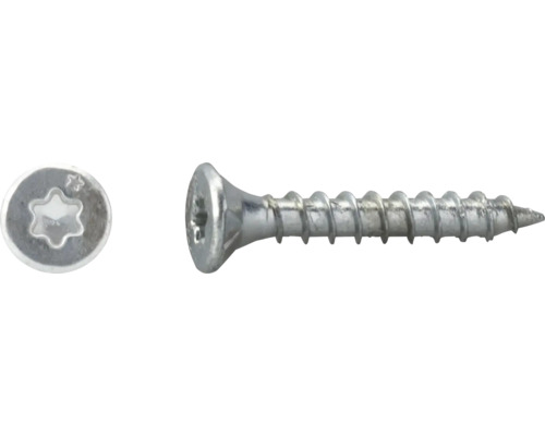 Metallschraube mit Senkkopf und Torx-Antrieb, Draufsicht und Seitenansicht mit Vollgewinde und spitzer Spitze.