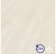 Laminatboden in Holzoptik mit Symbolen für 24 Stunden Wasserresistenz und hoher Belastbarkeit.