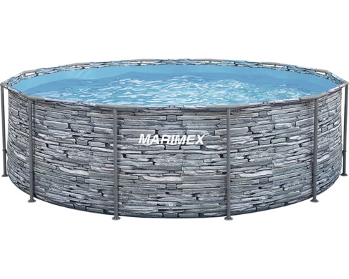 Marimex Rundpool mit Rahmen und Außenwand in Steinoptik, gefüllt mit Wasser.