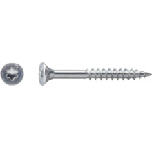 Silberfarbene Senkkopfschraube aus Metall mit Torx-Antrieb, Ansicht von oben auf den Kopf und von der Seite.
