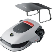 Dreame A1 Mähroboter mit passender Garagenüberdachung, graues Gehäuse mit großen Rädern und roter Stopp Taste