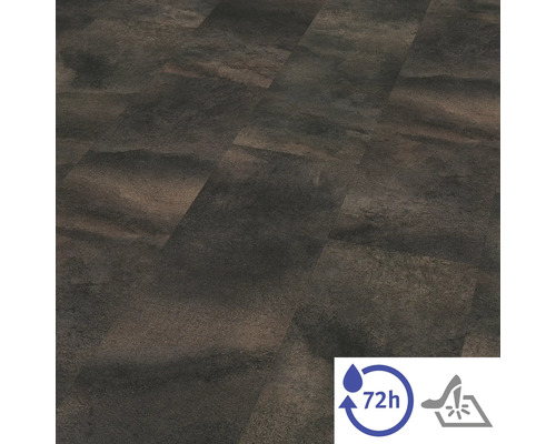 Bodenbelag in dunkler Steinoptik, wasserresistent bis zu 72 Stunden und stoßfest.