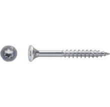 Silberfarbene Senkkopf-Holzschraube aus Metall mit Torx-Antrieb und Teilgewinde, Seitenansicht und Draufsicht auf den Kopf.