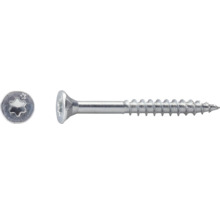 Holzschraube aus Metall mit Senkkopf und Torx-Antrieb, Draufsicht auf den Schraubenkopf und Seitenansicht der Schraube.