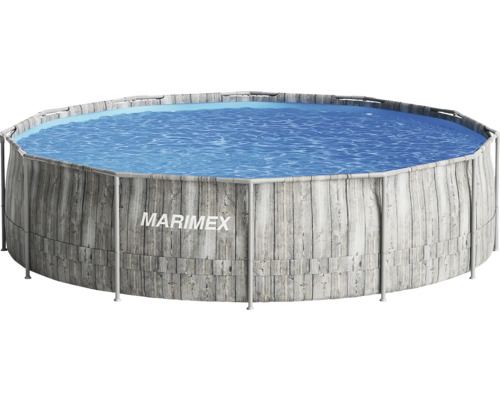 Marimex runder Rahmenpool in grauer Holzoptik mit blauem Wasser.
