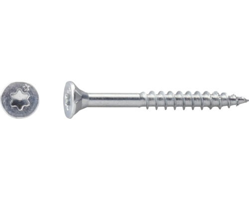 Senkkopfschraube aus Stahl mit Teilgewinde und Torx-Antrieb, Seitenansicht und Draufsicht auf den Kopf.