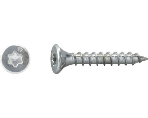 Senkkopfschraube aus verzinktem Stahl mit Torx-Antrieb, Seitenansicht und Draufsicht auf den Schraubenkopf.