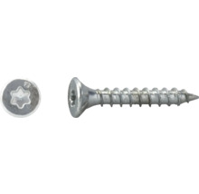 Senkkopfschraube mit Vollgewinde und Torx-Antrieb, Seitenansicht und Draufsicht auf den Kopf.