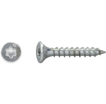 Spanplattenschraube aus Metall mit Senkkopf und Torx-Antrieb, Seitenansicht und Draufsicht auf den Kopf.