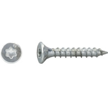Senkkopfschraube mit Sternantrieb aus Metall, Seitenansicht und Draufsicht auf den Kopf.