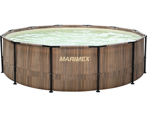 Marimex Rundpool mit schwarzem Metallrahmen und Außenwand in Holzoptik.