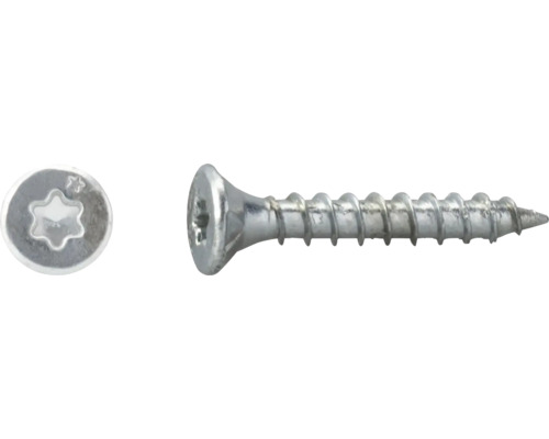Spanplattenschraube mit Senkkopf und Torx-Antrieb, Seitenansicht und Draufsicht.