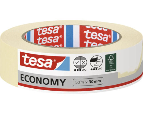 tesa Malerband Economy, 50 Meter mal 30 Millimeter, für Abklebearbeiten im Innenbereich, bis zu 4 Tage rückstandsfrei entfernbar.