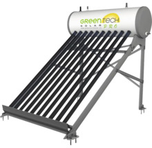 GreenTech Solar PRO Logo. Solarthermie-Kollektor mit Vakuumröhren, Speicherbehälter und grauem Metallgestell.