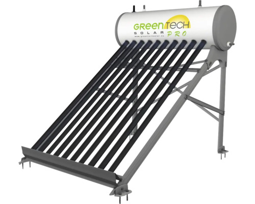 GreenTech Solar PRO Logo. Solarthermie-Kollektor mit Vakuumröhren, Speicherbehälter und grauem Metallgestell.