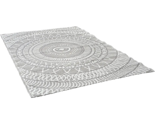 Rechteckiger Outdoor Teppich mit grau-weißem kreisförmigem Mandala-Muster und gewebter Struktur.