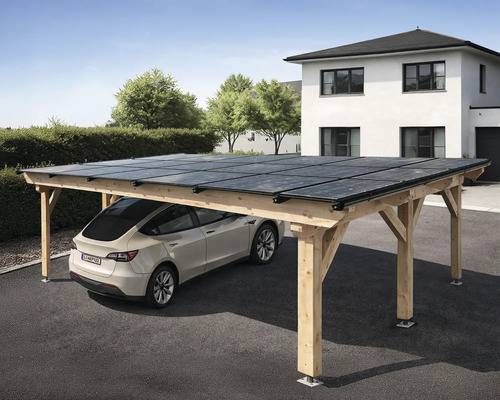 Holz-Solarcarport mit Photovoltaik-Dach und geparktem Elektroauto vor einem Wohnhaus.