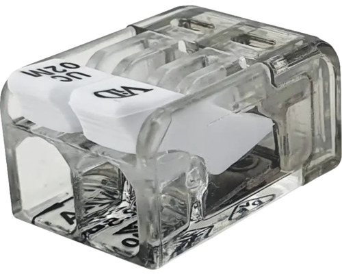 Transparente 2-polige Verbindungsklemme aus Kunststoff für elektrische Kabel.