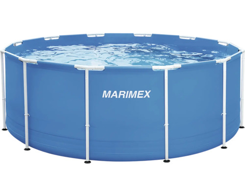 Marimex Rahmenpool rund mit weißem Metallgestell und blauer Poolfolie, gefüllt mit Wasser.