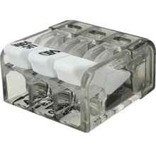 Transparente 3-Leiter-Verbindungsklemme mit weißen Hebeln für elektrische Kabel.