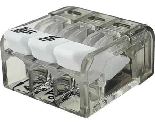 Transparente 3-Leiter-Verbindungsklemme mit weißen Hebeln für elektrische Kabel.