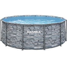 Rundes Marimex Rahmenpool mit Außenwand in Steinoptik und grauem Metallrahmen, gefüllt mit Wasser.