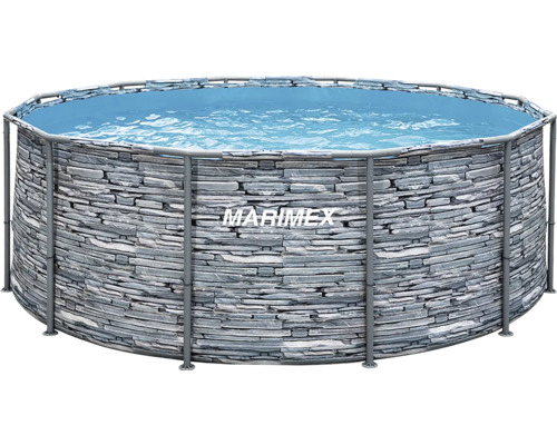 Rundes Marimex Rahmenpool mit Außenwand in Steinoptik und grauem Metallrahmen, gefüllt mit Wasser.