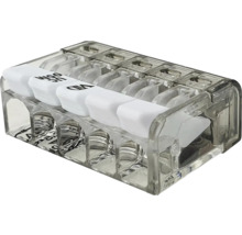 Transparente 5-Leiter-Verbindungsklemme mit weißen Hebeln und VDE-Prüfzeichen für Elektroinstallationen.