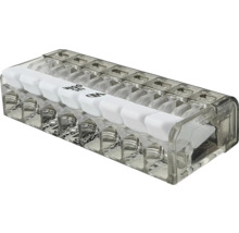 Transparente 10-Leiter-Hebelklemme mit weißen Betätigungshebeln zur Verbindung von elektrischen Drähten.
