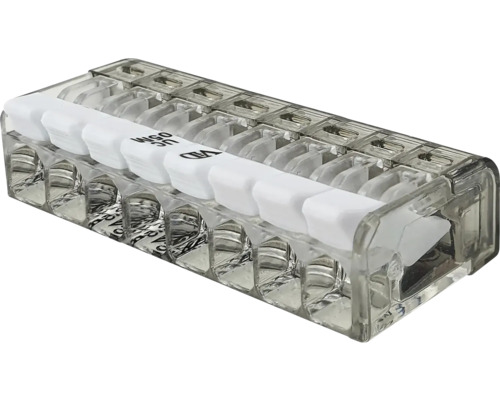Transparente 10-Leiter-Hebelklemme mit weißen Betätigungshebeln zur Verbindung von elektrischen Drähten.