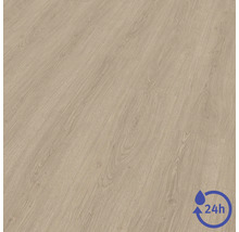 Laminatboden in Eichenoptik mit Holzmaserung, wasserresistent bis zu 24 Stunden.