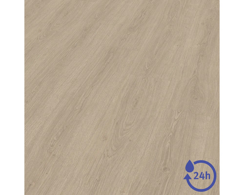 Laminatboden in Eichenoptik mit Holzmaserung, wasserresistent bis zu 24 Stunden.