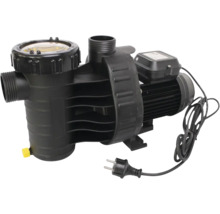 Schwarze Poolpumpe aus Kunststoff mit Vorfilter, Klarsichtdeckel und Stromkabel.