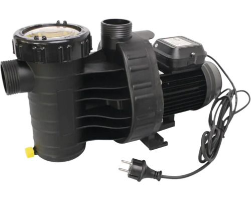 Schwarze Poolpumpe aus Kunststoff mit Vorfilter, Klarsichtdeckel und Stromkabel.