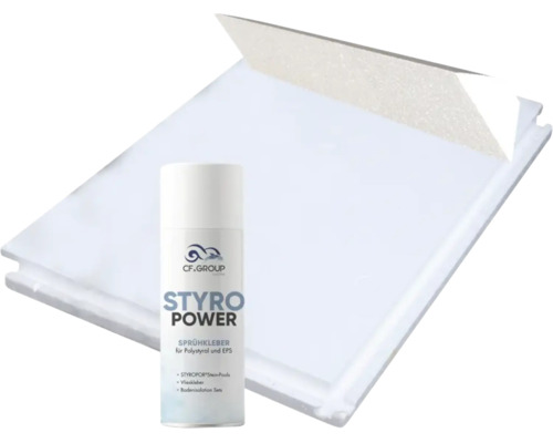 Styro Power Sprühkleber für Polystyrol und EPS von CF.Group, abgebildet mit einer weißen Dämmplatte.
