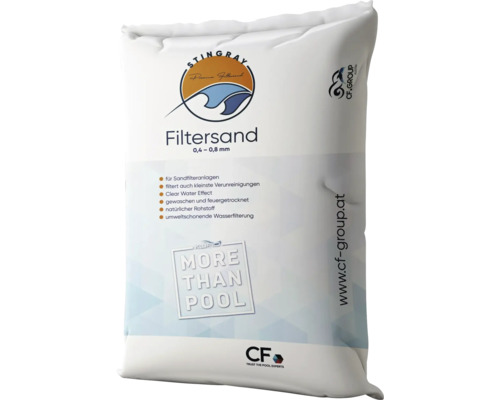 Sack mit Stingray Filtersand, Körnung 0,4 bis 0,8 Millimeter, für Sandfilteranlagen, gewaschen und feuergetrocknet, CF.GROUP Logo.