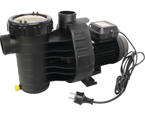Poolpumpe mit integriertem Vorfilter, transparentem Deckel und Anschlusskabel mit Stecker.