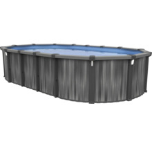 Ovaler Aufstellpool mit Außenverkleidung in grauer Holzoptik und dunkelgrauem Rahmen.
