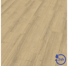 Laminatboden in heller Eichenoptik mit sichtbarer Holzmaserung, wasserresistent für bis zu 24 Stunden.