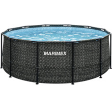 Runder Marimex Rahmenpool mit dunkelgrauer Rattan-Optik, blauem Mosaik-Muster innen und schwarzem Metallrahmen.