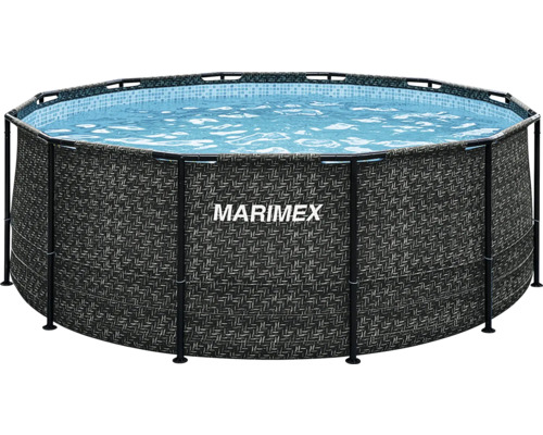 Runder Marimex Rahmenpool mit dunkelgrauer Rattan-Optik, blauem Mosaik-Muster innen und schwarzem Metallrahmen.