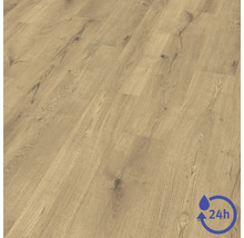 Laminatboden mit Holzmaserung, wasserresistent für 24 Stunden.